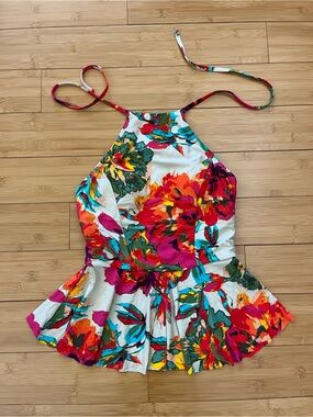 Floral Halter Peplum Tankini Swimsuit - White Multi